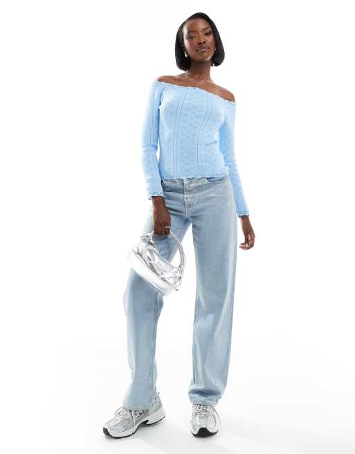 Fashionkilla pointelle lace trim bardot top in blue ASOS