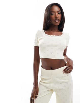 Fashionkilla pointelle lace trim crop top co-ord in ivory