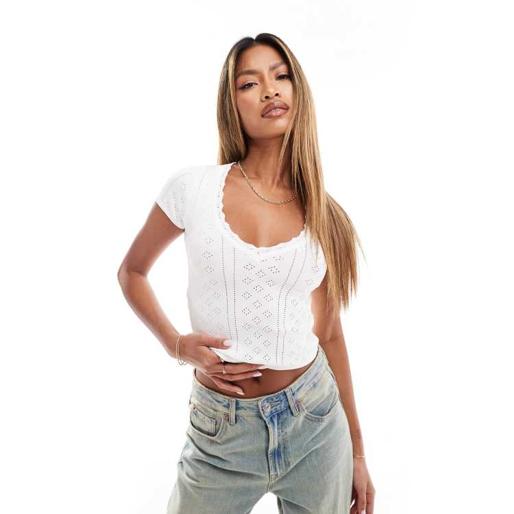 Fashionkilla pointelle lace trim v neck top in white | ASOS