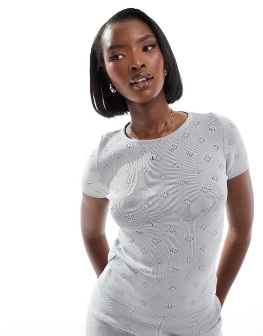 Fashionkilla pointelle short sleeve top in gray - part of a set
