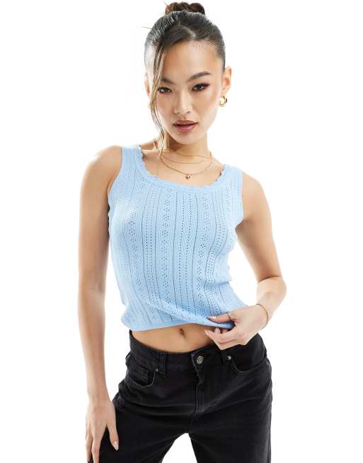 Fashionkilla – Pointelle-Trägertop in Blau mit Spitzenborte