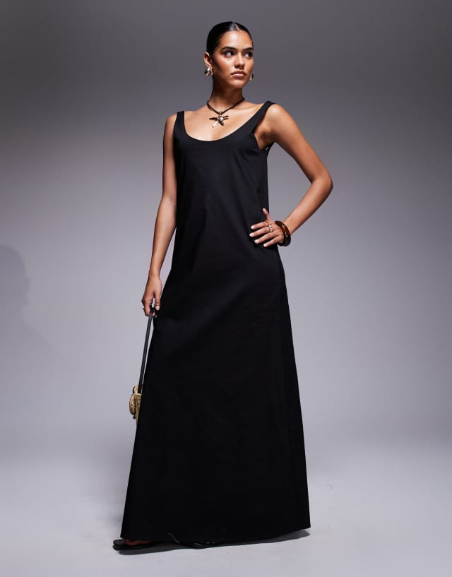 Fashionkilla poplin scoop neck trapeze maxi dress in black | ASOS