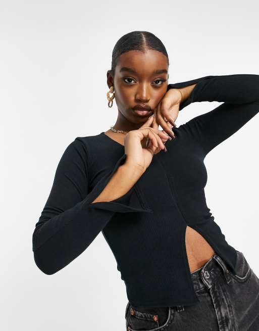 Fashionkilla rib V-neck top in black | ASOS