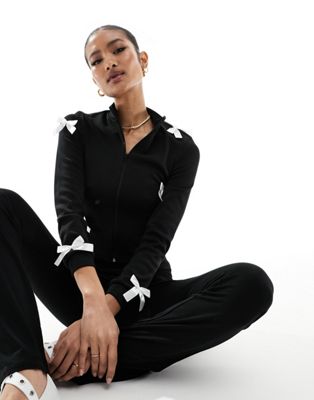 Fashionkilla ribbed zip through contrast bow detail jumper in black - ASOS Price Checker