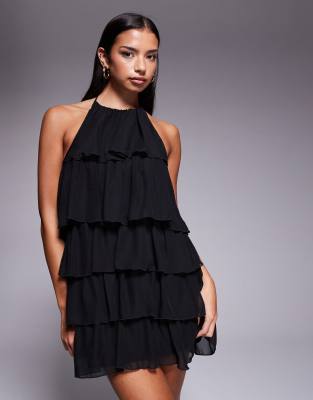 Robe courte dos nu en mousseline à volants - Noir 44