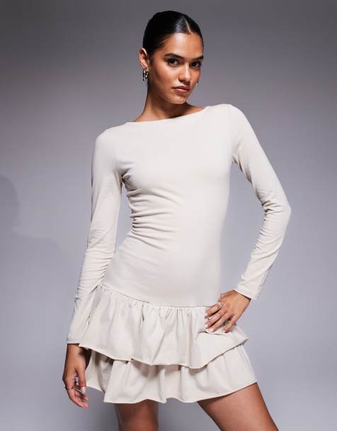Fashionkilla - Robe courte en coton à manches longues, taille tombante et ourlet volanté - Taupe - view 1
