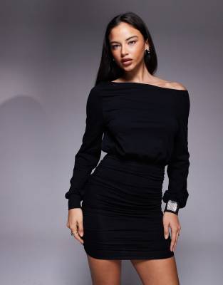 Robe courte riche en coton à épaules dénudées et manches longues avec jupe froncée - Noir 40