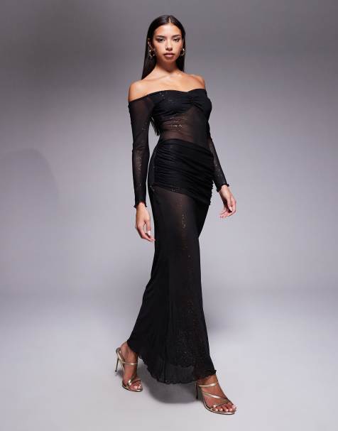 Fashionkilla - Robe longue à manches longues en tulle pailleté avec empiècement transparent et détail froncé - Noir - view 1