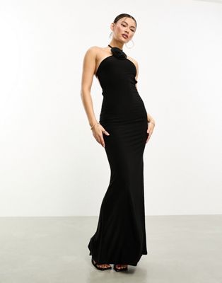 Fashionkilla corsage halterneck open tie back maxi dress in black - ASOS Price Checker