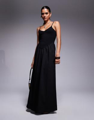 Fashionkilla - Robe longue en coton et popeline mélangés à encolure en V et taille basse - Noir - view 1