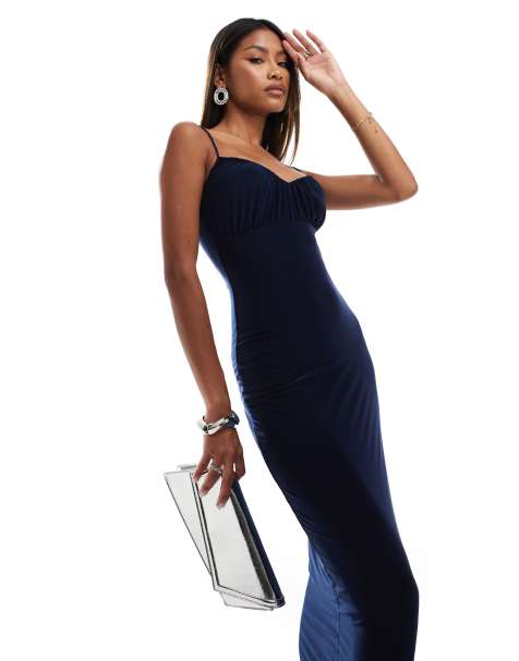 Fashionkilla - Robe longue en tissu double épaisseur avec buste froncé et bretelles fines - Bleu marine - view 1