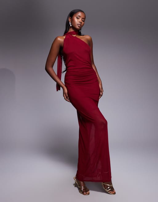 Fashionkilla - Robe longue en tulle avec détail noué superposé à l'encolure et ourlet transparent - Bordeaux