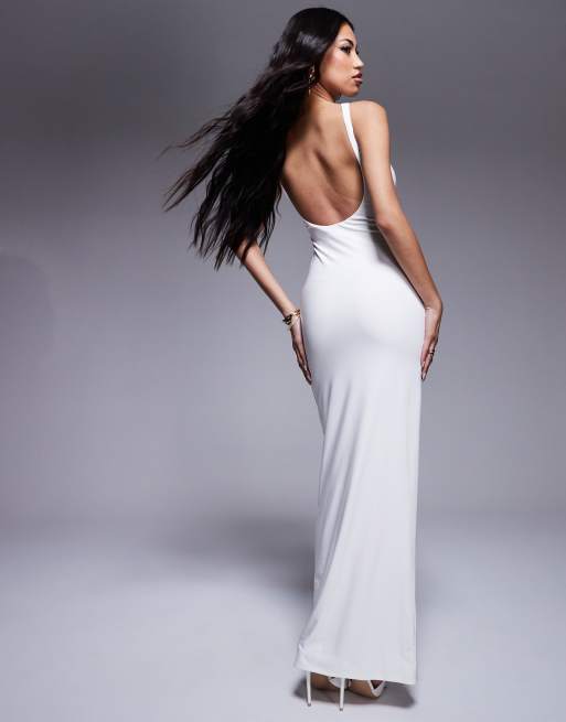 Fashionkilla - Robe longue près du corps en tissu double épaisseur avec col montant et dos échancré - Blanc cassé