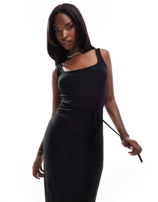 Fashionkilla Robe longue sans manches ultra douce a encolure carree et liens a la taille Noir ASOS