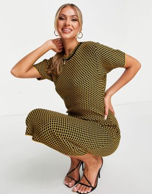Femme Fashionkilla - Robe mi-longue à mancherons en tricot avec imprimé géométrique - Jaune