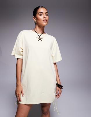 Robe t-shirt courte en coton à fronces nouées sur les côtés - Jaune-Blanc 32