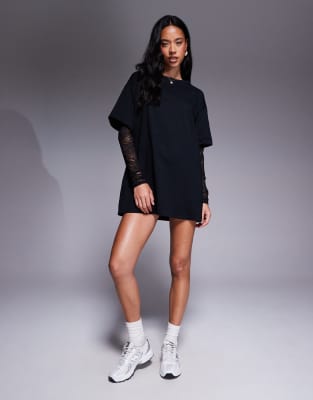Fashionkilla - Robe t-shirt courte en coton avec manches en dentelle - Noir - view 1