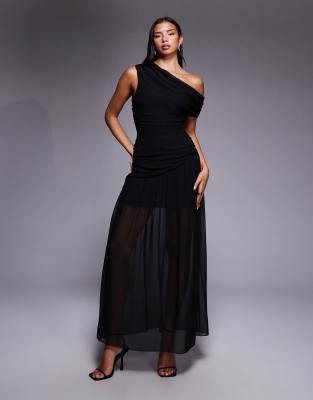 Fashionkilla - Schulterfreies, asymmetrisches Chiffon-Maxikleid in Schwarz mit gerafftem, transparentem Rocksaum