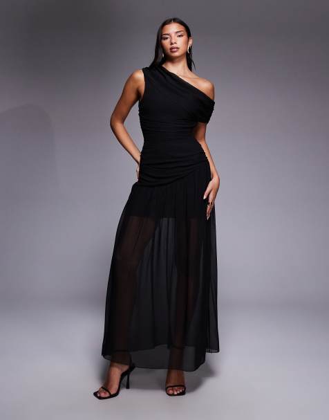 Fashionkilla – Schulterfreies, asymmetrisches Chiffon-Maxikleid in Schwarz mit gerafftem, transparentem Rocksaum - view 1