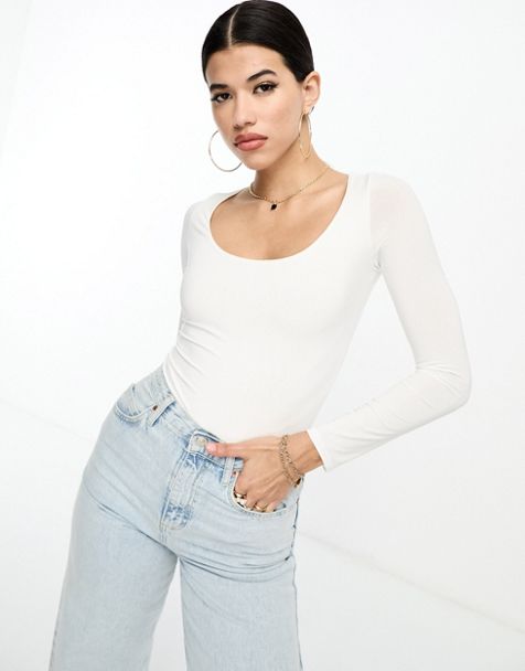 ASOS DESIGN Fuller bust rib bodysuit with bust seams and long sleeve in  white
