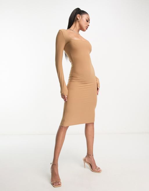 Fashionkilla fine knit square neck midi dress in cream