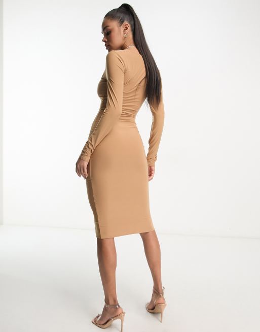 Fashionkilla sculpted square neck bodycon midi dress in camel