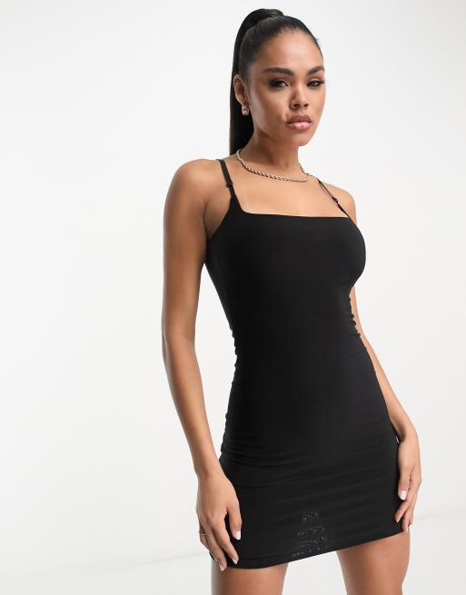 Black Square Neck Brushed Rib Midi Dress