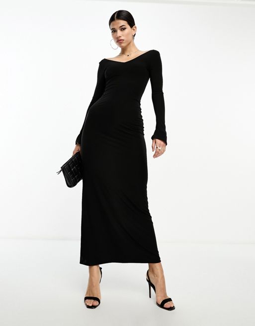 Fashionkilla sculpted v neck off shoulder maxi dress in black | ASOS