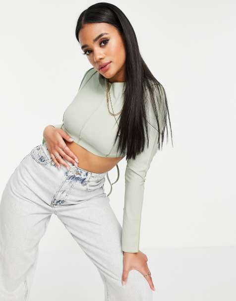 Fashionkilla seam detail rib top in sage - view 1