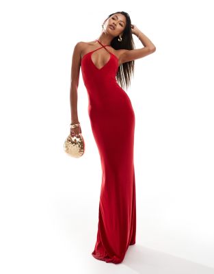 Fashionkilla slinky double layered cami wrap bust maxi dress in red