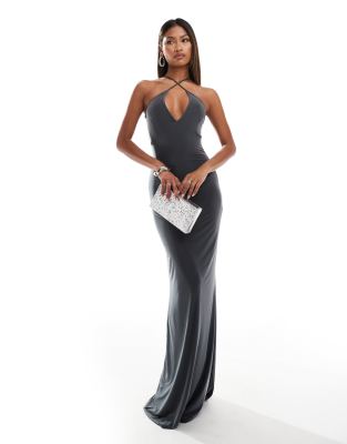 Fashionkilla slinky double layered cami wrap bust maxi dress in slate grey