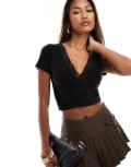 [Fashionkilla] Fashionkilla slinky double layered plunge cropped t-shirt with lace trim in black 8 BLACK