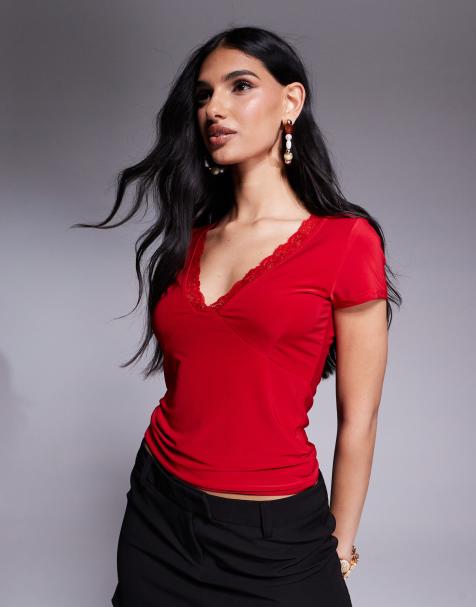 Fashionkilla slinky double layered plunge t-shirt with lace trim in red - view 1
