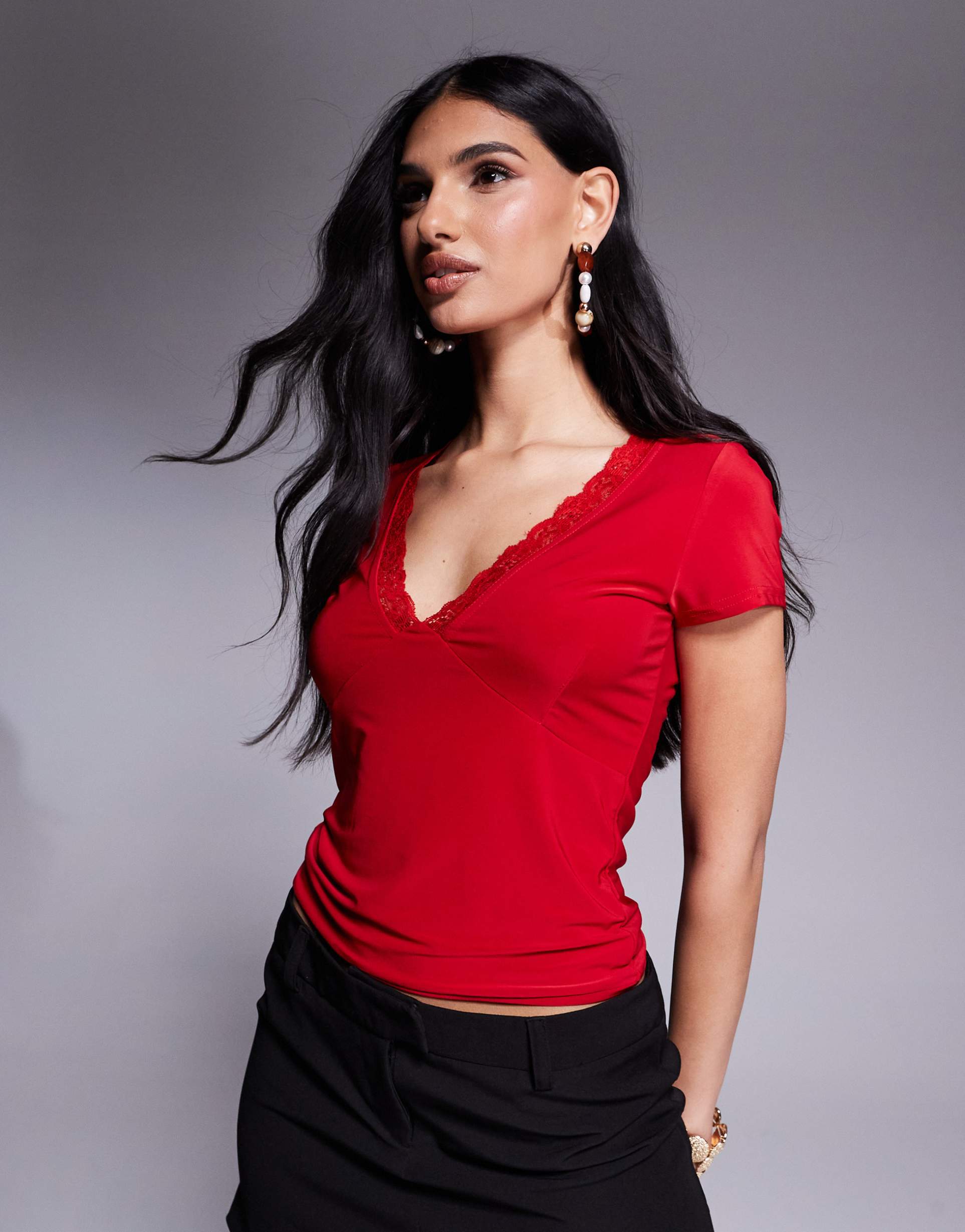 fashionkilla slinky double layered plunge t-shirt with lace trim in red