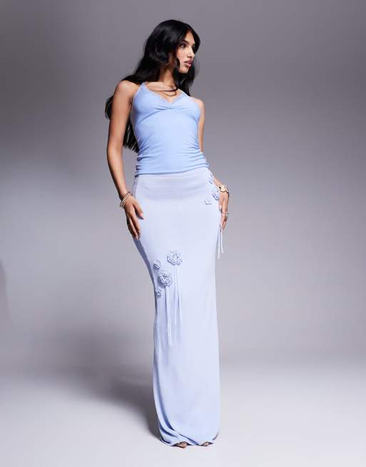 Fashionkilla slinky double layered wrap halterneck top with lace trim in baby blue