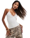 [Fashionkilla] Fashionkilla slinky double layered wrap halterneck top with lace trim in off white 16 CREAM