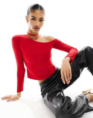 Fashionkilla slinky off shoulder top with neck tie in red