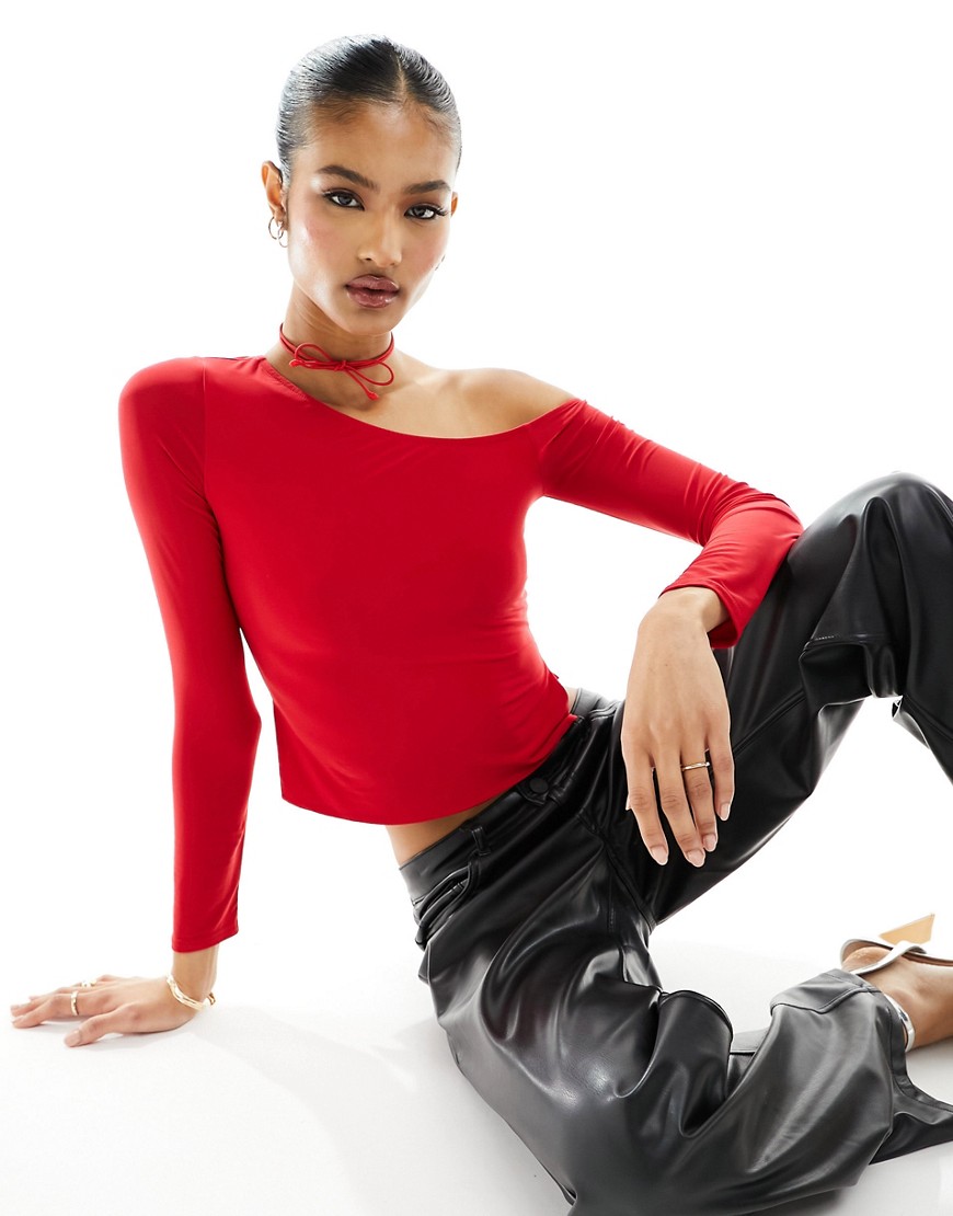Fashionkilla Slinky Off Shoulder Top With Neck Tie In Red