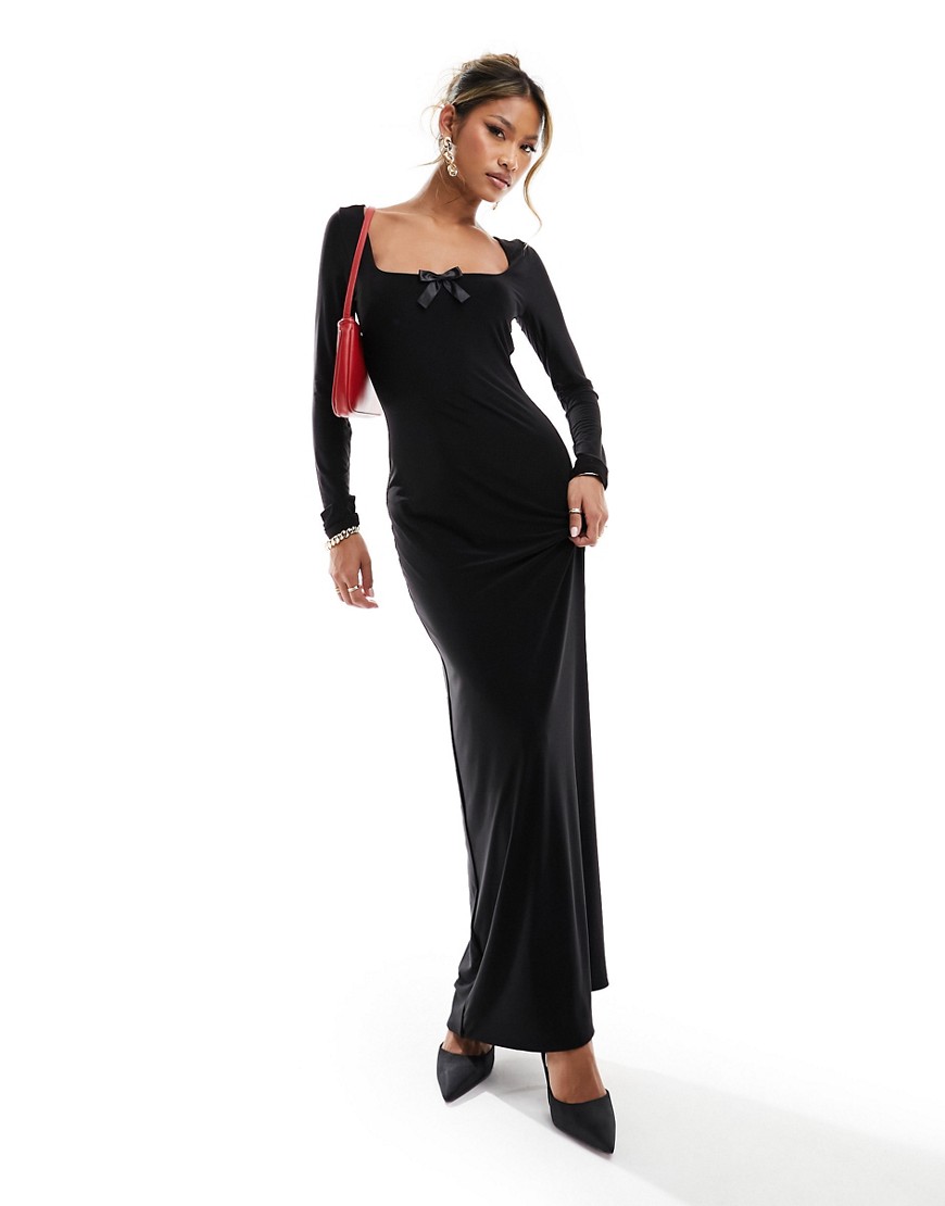 slinky square neck bow detail maxi dress in black