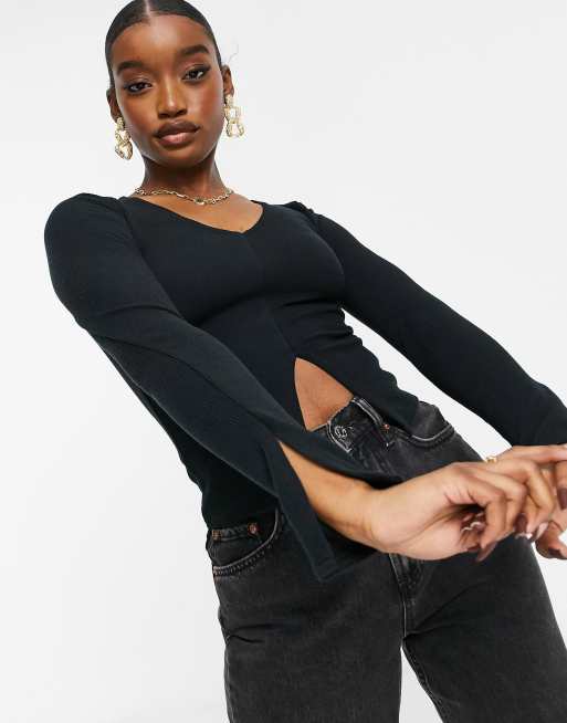 Fashionkilla - Sort ribstrikket top med v-hals, 3 af 4