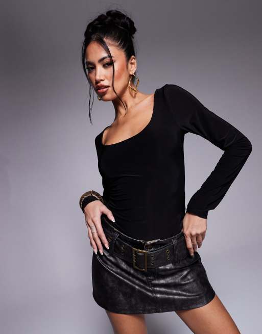 Fashionkilla - Sort stram og formgivende bodystocking i dobbeltlag med dyb rund hals og lange ærmer - Kun hos ASOS 