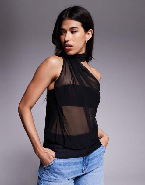 Fashionkilla - Sort top i gennemsigtig mesh med bindebånd i halsen - view 1