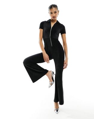Fashionkilla stretch cord zip through tie back jumpsuit in black