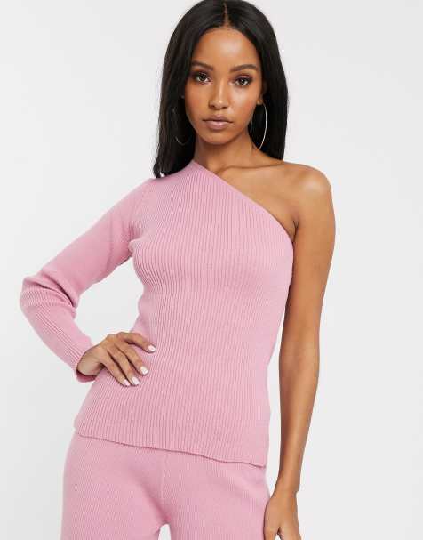 Fashionkilla – Strickpullover mit One-Shoulder-Träger, Kombiteil, Gehaucht rosa