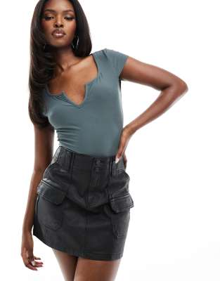 super soft notch front fitted top in charcoal-Gray