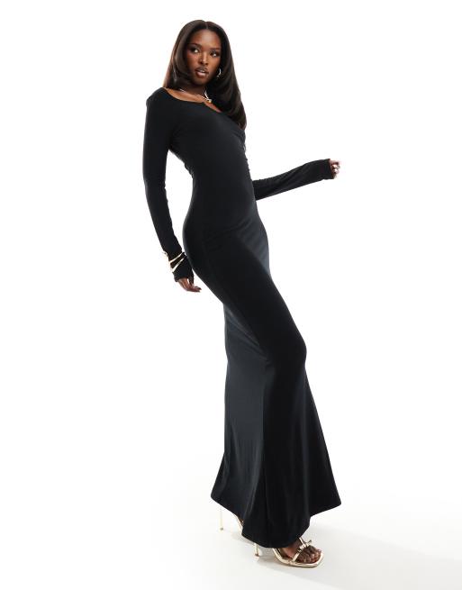 Fashionkilla super soft notch front long sleeve maxi dress in black