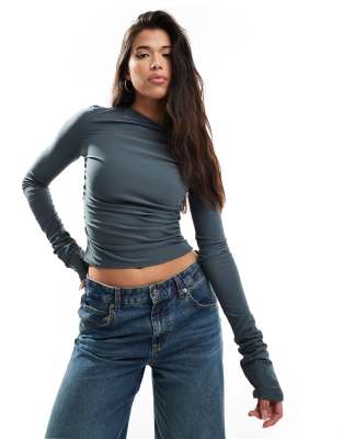 super-soft off shoulder ruched long sleeve top in charcoal-Gray