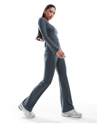 super-soft off square neck long sleeve unitard in charcoal-Gray