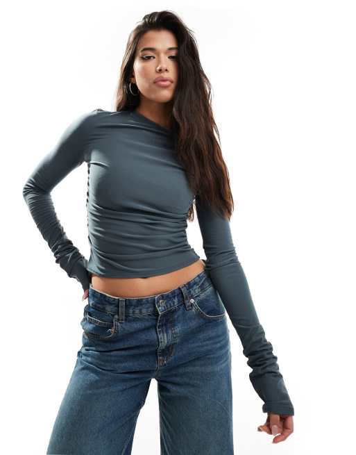Fashionkilla - Superzachte top met lange mouwen, blote schouder en rimpeleffect in antraciet