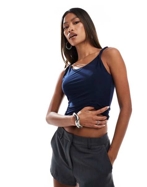 Fashionkilla - Top aderente blu navy a doppio strato con spalline attorcigliate - view 1